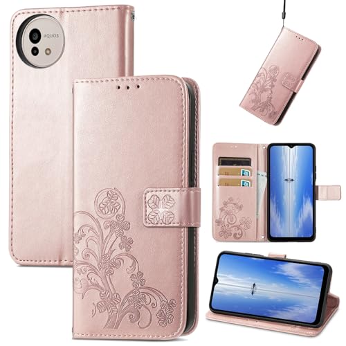 Aquos Wish 4 SH-52E ケース 手帳型 軽量 耐衝撃 ノートブック型 スマホカバー 多機能 スタンド 財布 スマホホルダー シンプル ビジネス 耐久性 摩擦耐性 スマホケース カード収納 男性 女性 薄型 四つ葉のクローバーローズゴールド 送料無料