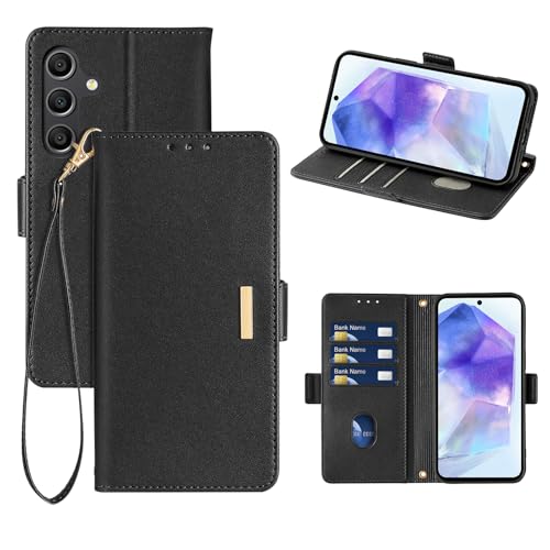 乐天商城 - Galaxy A55 5G ケース 手帳型 ギャラクシー A55 5G 合皮レザー レザーケース カバー スマホケース 財布型 カード収納 マグネット カメラ保護 横置きスタンド機能 ストラップ付き 耐摩擦 耐衝撃 全面保護 (Galaxy A55 5G ブラック) 送料無料
