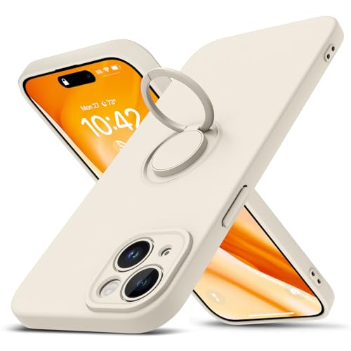 iPhone 15 ケース リング付き シリコン 薄型 耐衝撃 レンズ保護 360°回転 車載ホルダー 防水 軽量 TPU ストラップホール 四隅衝撃吸収 黄変防止 一体型 おしゃれ 滑り止め フィット感 アイフォン15 シリコンカバー ベージュ 送料無料