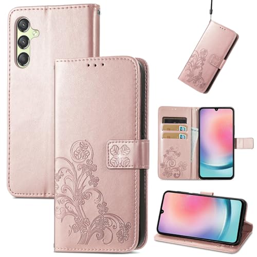 乐天商城 - Galaxy A25 5G SC-53F SCG33 ケース 手帳型 耐衝撃 軽量 ノートブック型 スマホカバー 多機能 スタンド 財布 スマホホルダー シンプル ビジネス 耐久性 摩擦耐性 スマホケース カード収納 男性 女性 薄型 四つ葉のクローバーローズゴールド 送料無料