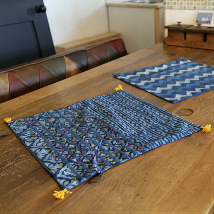 コットン クッションカバー 40×40cm 青 インド綿 和 アジアン 洗える 刺繍 タッセル 個性的