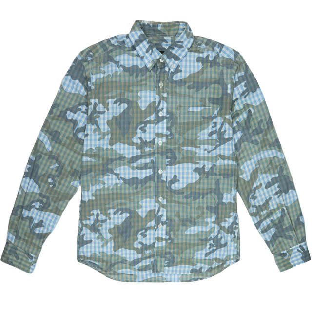 SOPHNET. ソフネット 日本製 CAMOUFLAGE OVER PRINT B.D SHIRT カモフラージュオーバープリントBDシャツ SOPH-140031 S ブルー 長袖 迷彩 ボタンダウン ギンガムチェック トップス【中古】【SOPHNET.】のサムネイル