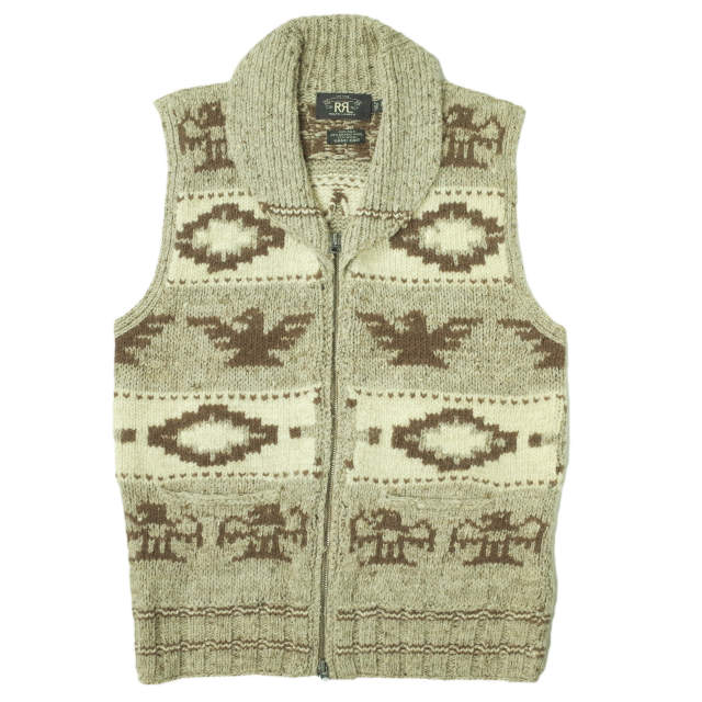 RRL ダブルアールエル COWICHAN HAND KNIT VEST カウチンハンドニットベスト S ベージュ セーター Double RL ジップアップ ショールカラー トップス【中古】【RRL】