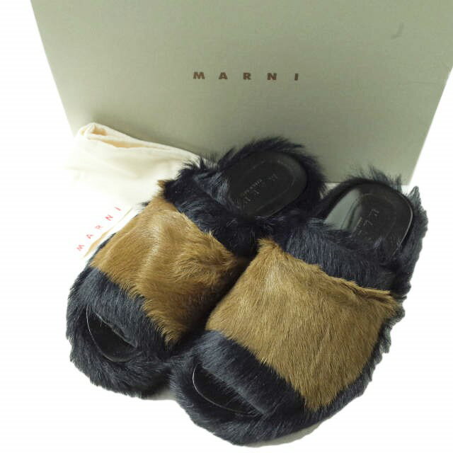 MARNI マルニ 18AW イタリア製 FUR WEDGE SANDAL ウエッジソールファーサンダル 37(24cm) DK.NAVY/KHAKI シューズ【新古品】【中古】【MARNI】