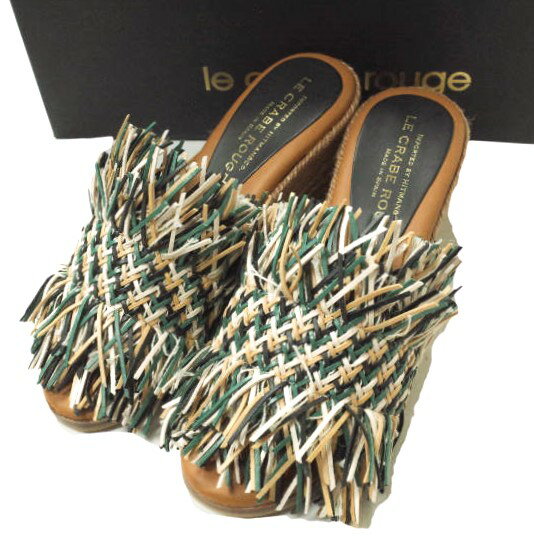 LE CRABE ROUGE ルクラベルージュ スペイン製 COLUMBIA 異素材フリンジ ウエッジソールサンダル 36(23cm) BLACK/GREEN/CUERO シューズ【新古品】【中古】【LE CRABE ROUGE】