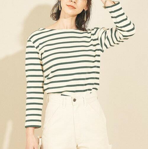 BEAUTY&YOUTH UNITED ARROWS ビューティーアンドユース ユナイテッドアローズ 日本製 コットンボーダー8分袖カットソー 1612-225-4748 Free グリーン ボートネック バスクシャツ トップス【中古】【BEAUTY&YOUTH UNITED ARROWS】