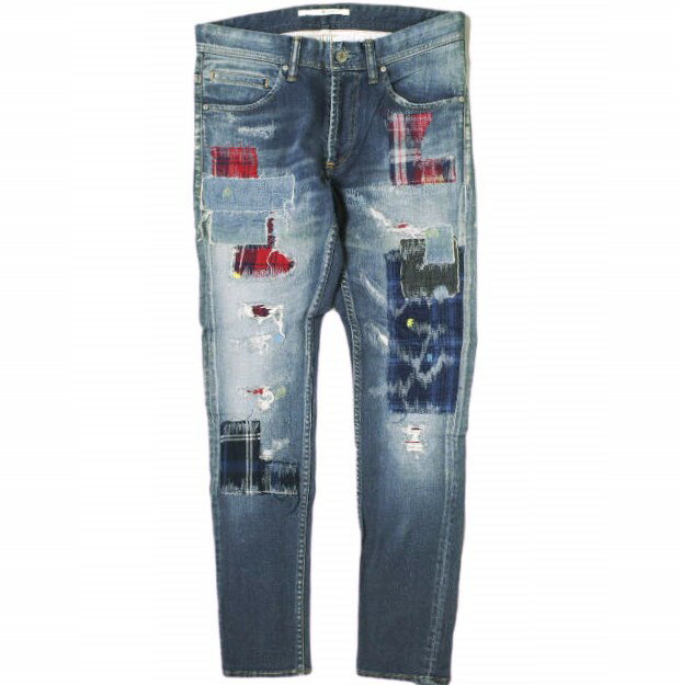 樂天商城 - e JEANS イージーンズ 日本製 STRETCH SLIM 岡山児島 襤褸パッチワークストレッチスリムデニムパンツ e801-028 0 Dark Blue ジップフライ チェック ジーンズ 定価59,500円 ボトムス【新古品】【中古】【e JEANS】