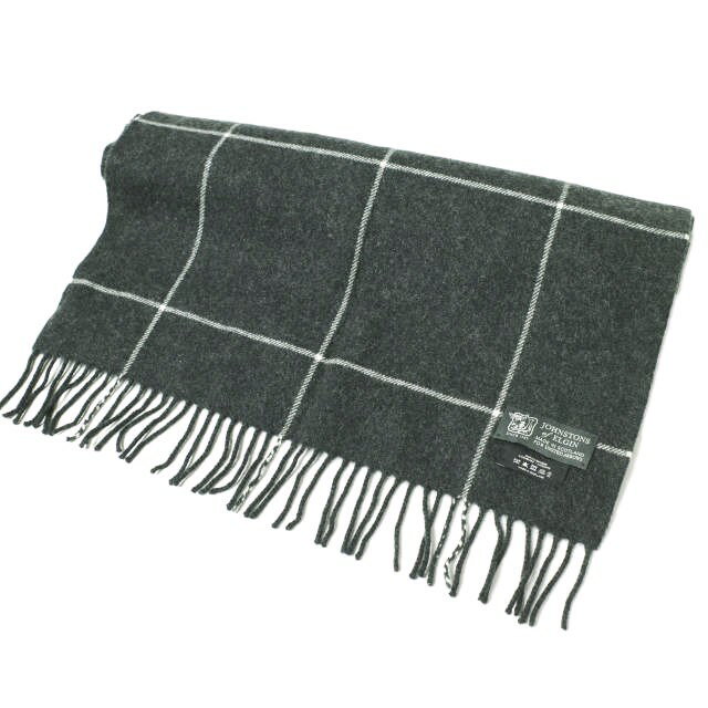 JOHNSTONS OF ELGIN x UNITED ARROWS ジョンストンズ オブ エルガン ユナイテッドアローズ 別注 スコットランド製 カシミヤチェックマフラー Dark Gray フリンジ ストール カシミア【中古】【JOHNSTONS OF ELGIN × UNITED ARROWS】