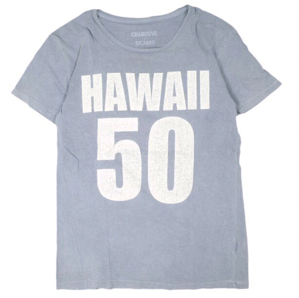 BEAMS x CRABCOVE ビームス クラブコーブ 別注 アメリカ製 HAWAII 50 TEE ヴィンテージ加工プリントTシャツ M Faded Blue 半袖 MADE IN USA トップス【中古】【BEAMS × CRABCOVE】