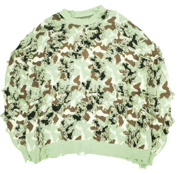 樂天商城 - Danke Schon ダンケシェーン CAMO KNIT CREWNECK ダメージ加工 カモフラージュクルーネックニット Free モスグリーン セーター サンプル品 トップス【中古】【Danke Schon】