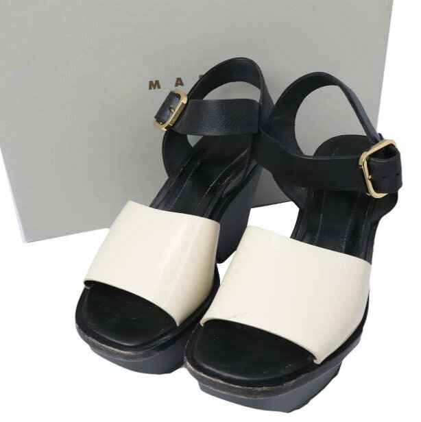 MARNI マルニ イタリア製 ZEPPA WEDGE ウエッジソール レザーストラップサンダル ZPMSU25G10 LV692 38(25cm) ALABASTER(BLACK/BEIGE) シューズ【中古】【MARNI】