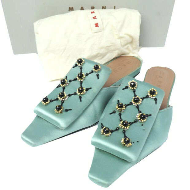 MARNI マルニ イタリア製 BIJOUX SABOT FLAT サテン ビジュー装飾 スクエアトゥ フラットサボサンダル SBMSZ07C01 TV564 / 6567-499-0341 38(25cm) SLATE GREEN 定価118,800円 ミュール シューズ【中古】【MARNI】