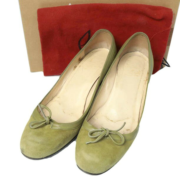 Christian Louboutin クリスチャンルブタン イタリア製 スエードローヒールリボンパンプス 37.5(24.5cm) GREEN レッドソール バレエ ピンヒール シューズ【中古】【Christian Louboutin】