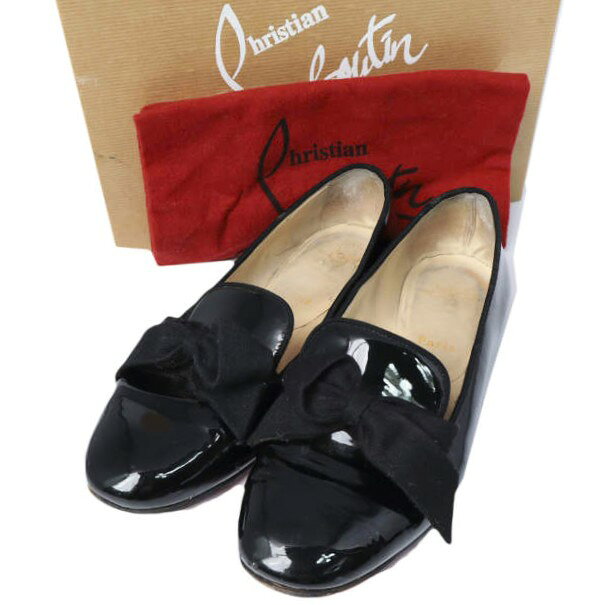 Christian Louboutin クリスチャンルブタン イタリア製 GINE FLAT PATENT/FLANNEL パテントレザー リボンパンプス 3130246 38(25cm) BLACK レッドソール エナメル フラットシューズ 定価89,250円 シューズ【中古】【Christian Louboutin】