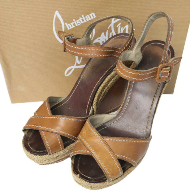 Christian Louboutin クリスチャンルブタン イタリア製 ALMERIA 120 CARF ウエッジソール レザーストラップサンダル 38(25cm) BROWN シューズ【中古】【Christian Louboutin】