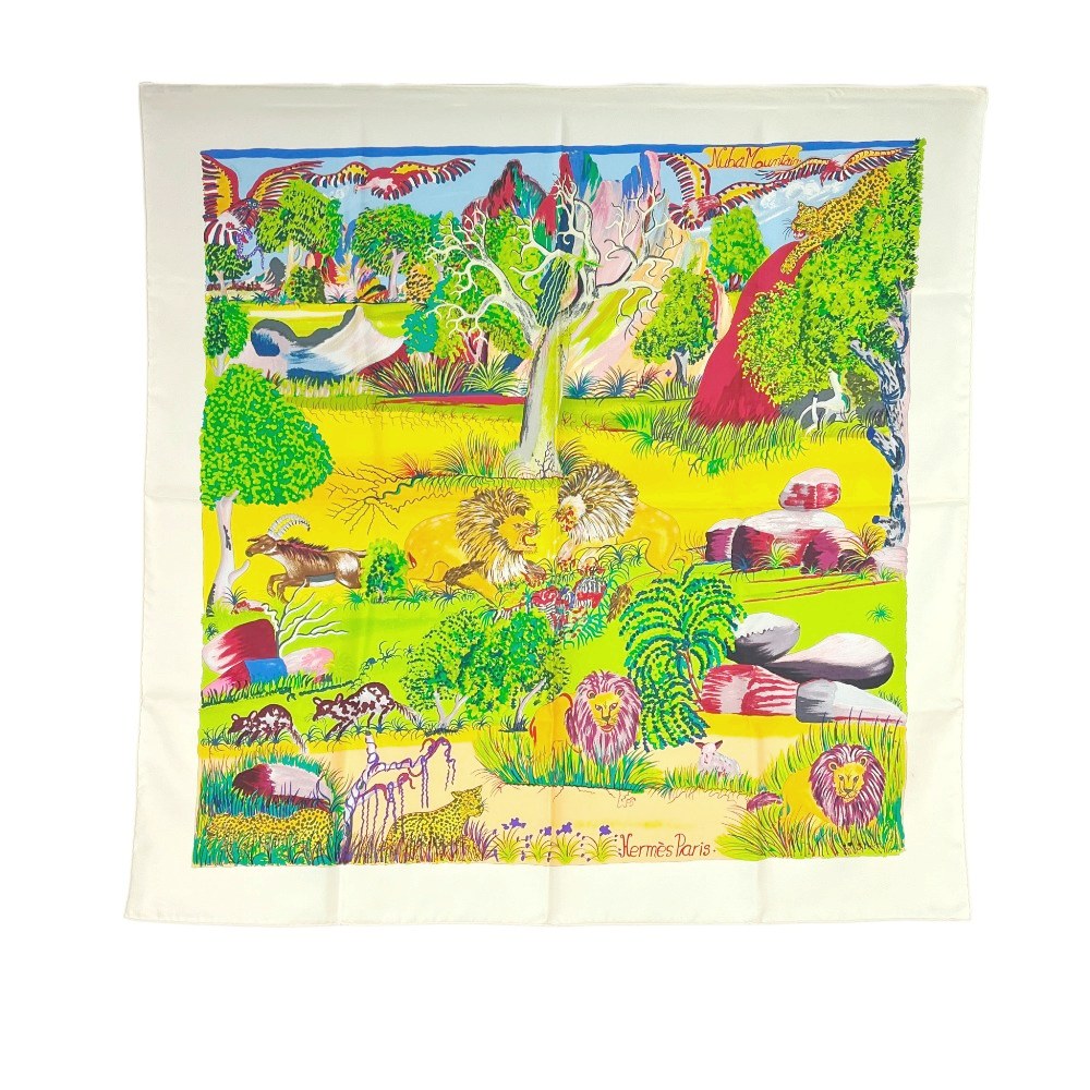 エルメス ■新同■ カレ90 スカーフ Nuba Mountain ヌバマウンテン アニマル シルク ホワイト マルチカラー 箱【519703】7 【中古】