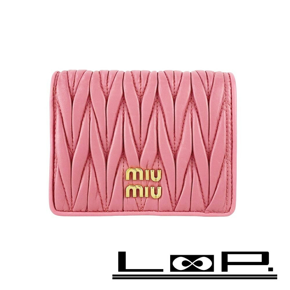 ミュウミュウ ■美品■ マテラッセ 二つ折り財布 ウォレット ロゴプレート キルティング レザー ピンク ゴールド 5MV204 箱 【537806】7 【中古】