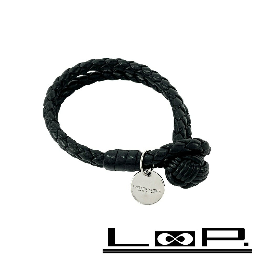 ボッテガヴェネタ ■美品■ イントレチャート ブレスレット 2連 アクセサリー ロゴプレート レザー メタル ブラック シルバー 【575815】7 【中古】