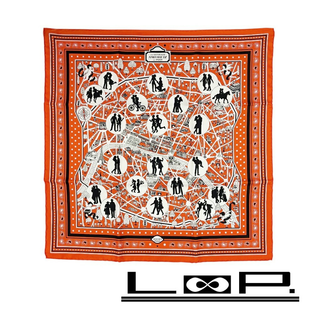 エルメス ■未使用■ カレ 55 新パリの恋人たち スカーフ ファッション シルク バーミリオン ノワール ブラン 箱 【596827】7 【中古】