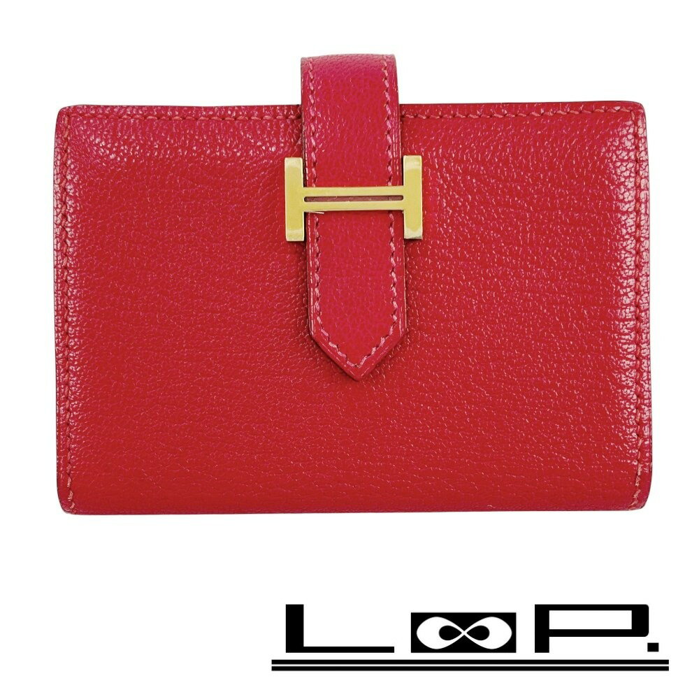 ■新同■　エルメス ベアン ミニ コンパクト ウォレット 二つ折り 財布 シェーブル ルージュ □G刻 箱 【4..