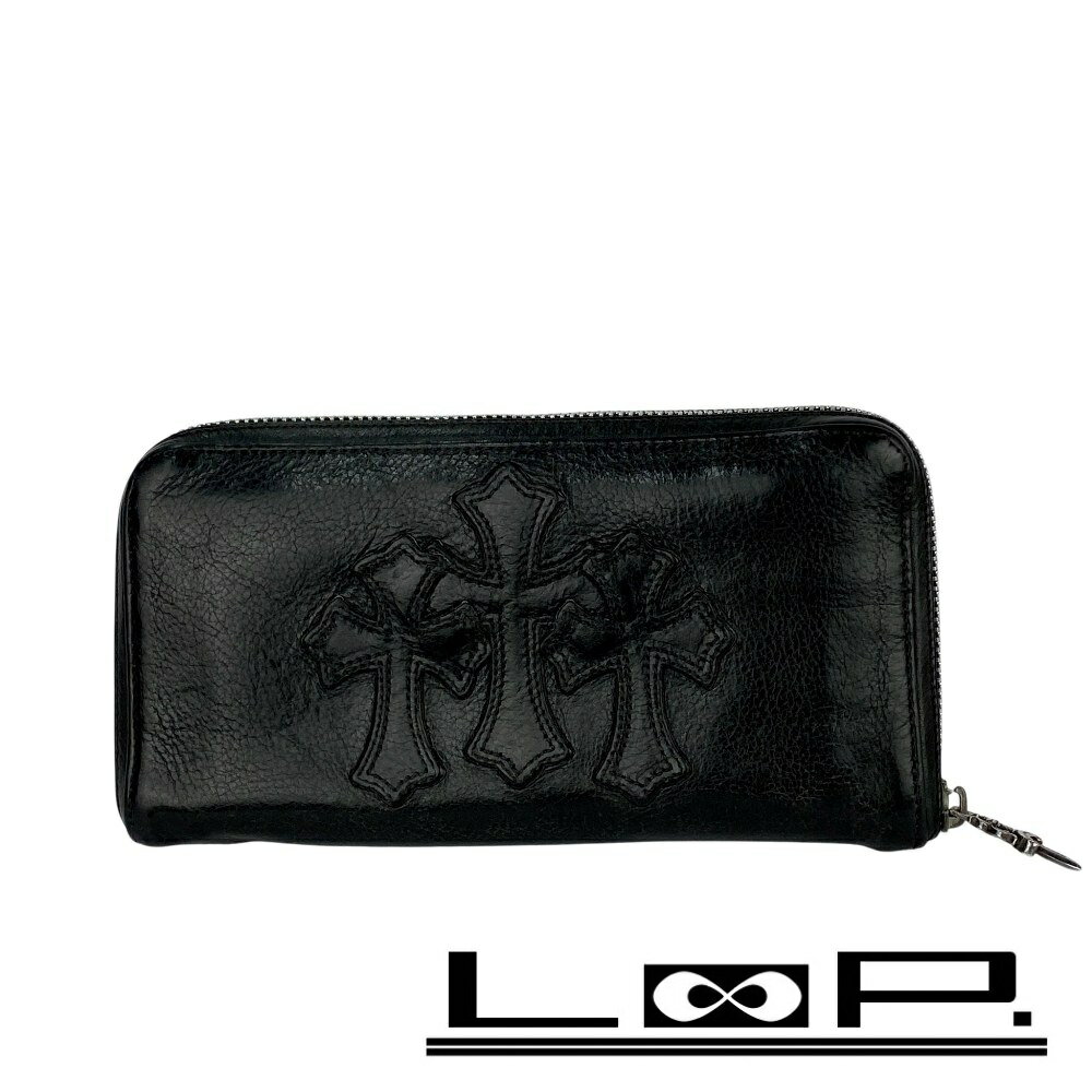 ■中古■ クロムハーツ 3 セメタリークロスパッチ ジップ REC ZIP 長財布 レザー ブラック 【471636】11 【中古】