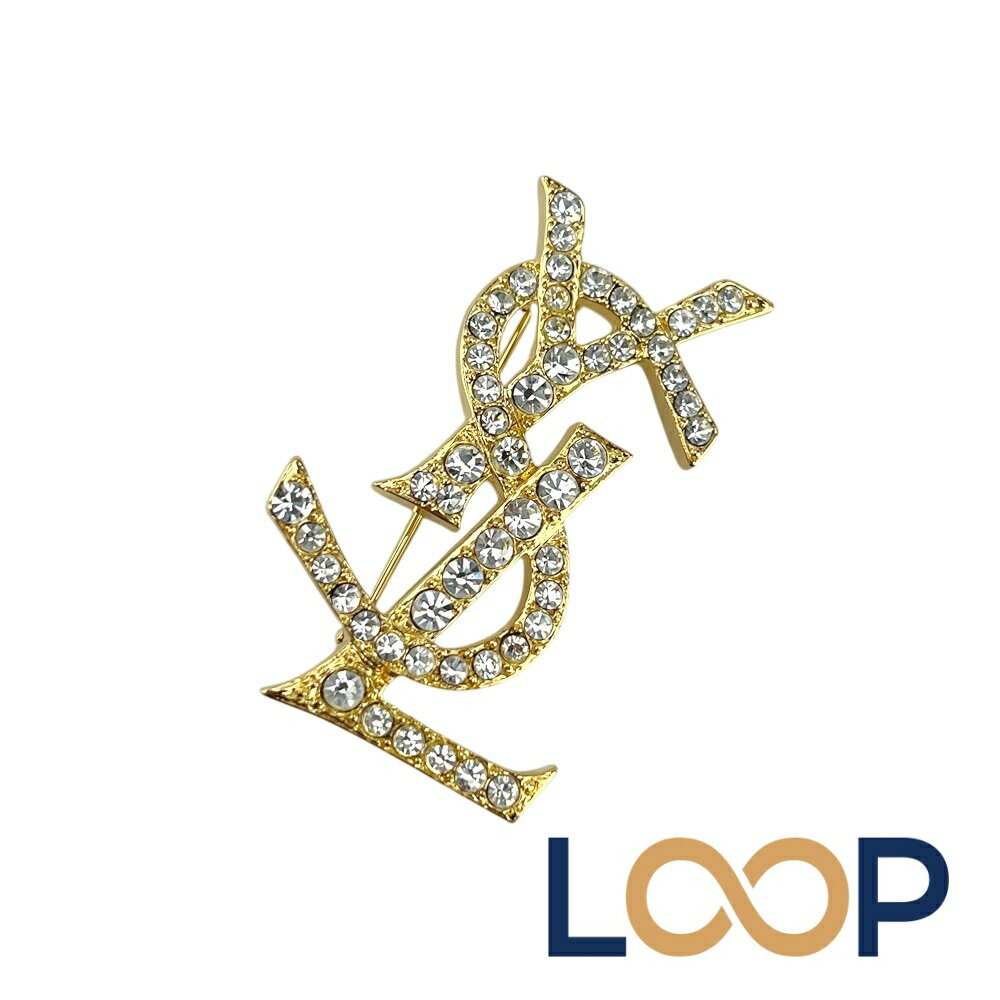 サンローラン ■新同■ カサンドラ ロゴ ブローチ アクセサリー ラインストーン ゴールド GP 1 