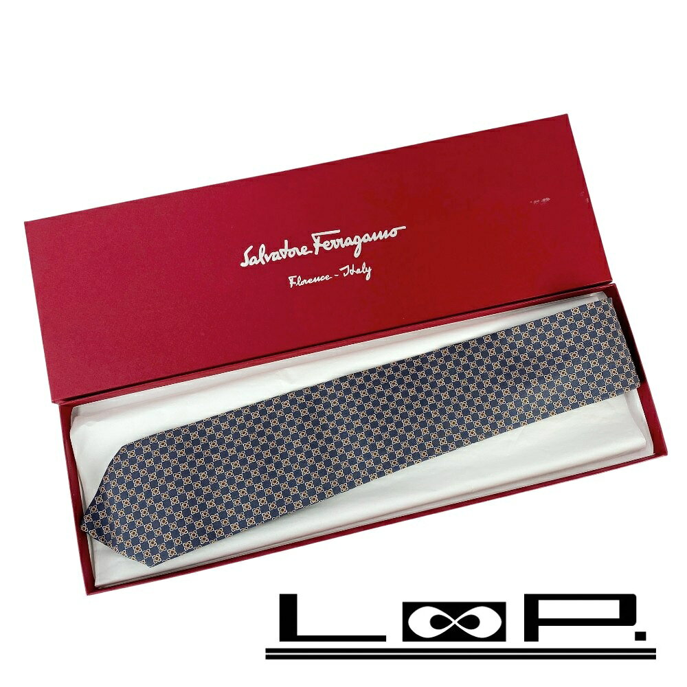 フェラガモ ■未使用■ ガンチーニ ネクタイ ファッション ビジネス 仕事 シルク グレー オレンジ 箱 【476440】10 【中古】