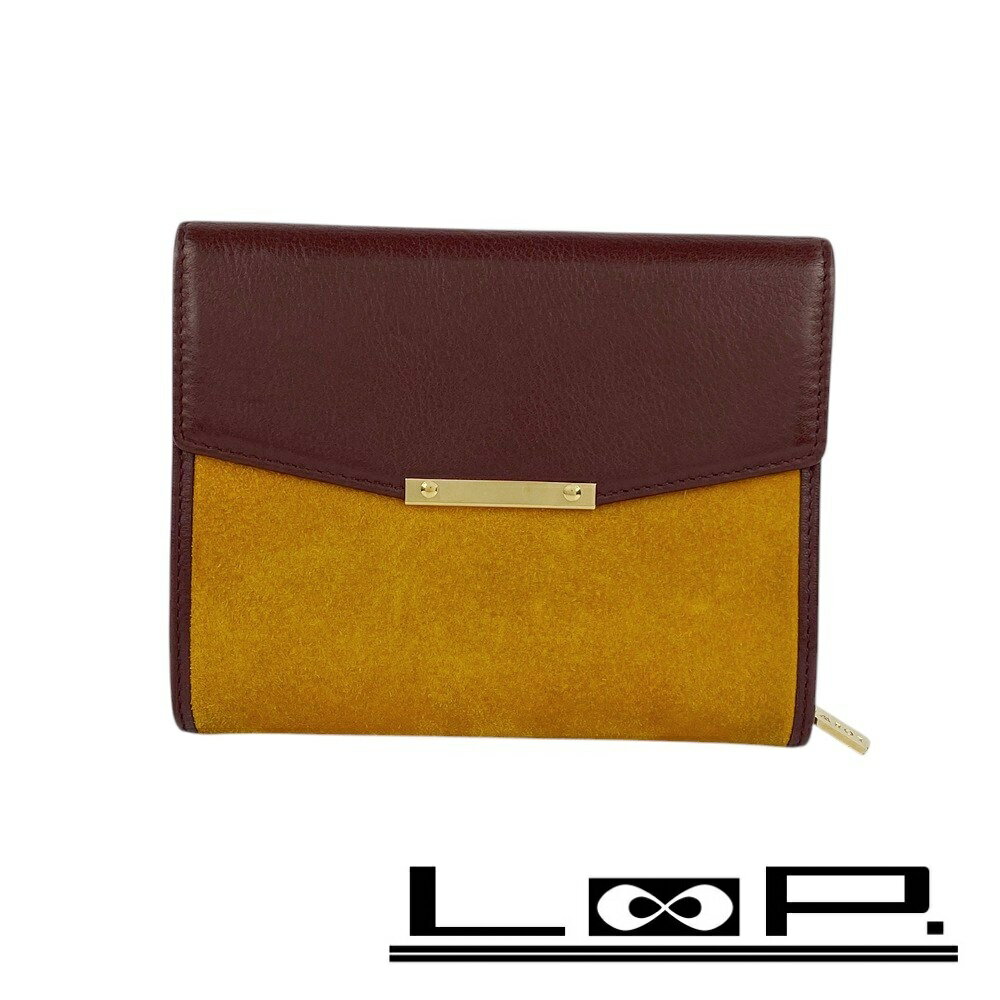 ■美品■ヴィンテージ■ ロエベ アナグラム ウォレット 二つ折り 財布 レザー スエード ボルドー イエロー 箱 【345241】8 【中古】