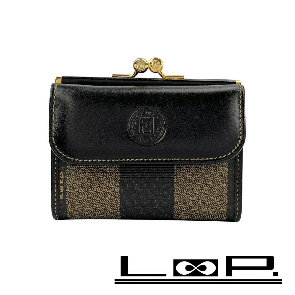 新品未使用フェンディ 二つ折り財布 がま口 FF ロゴ ズッカ柄 ブラック FENDI（フェンディ） FF Logo Bi-Fold Wallet 二つ折り財布 折りたたみ