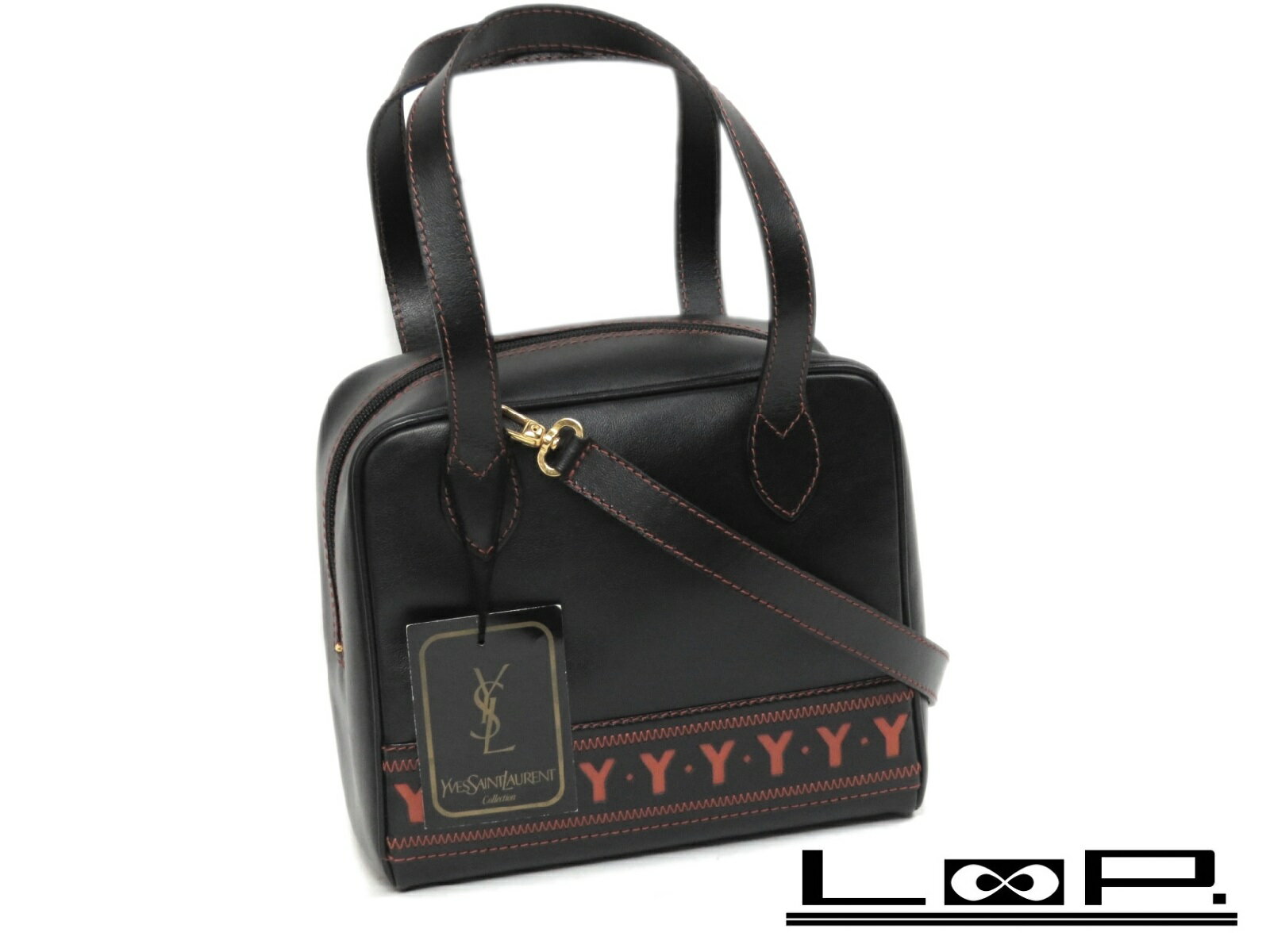 【新同】【ヴィンテージ】 YVES SAINT LAURENT イヴ・サンローラン ハンド バッグ レザー ブラック クロ 黒 オレンジ 【A38537】 【中古】のサムネイル