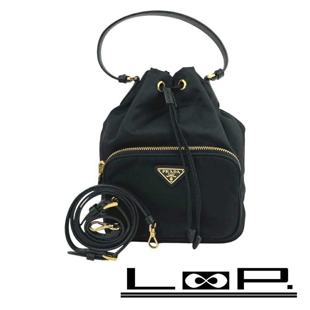 プラダ ■新同■ デュエット 2WAY ショルダー 巾着 ポーチ バケット バッグ Re-Nylon リナイロン GP ブラック 1BH038 【610578】8 【中古】