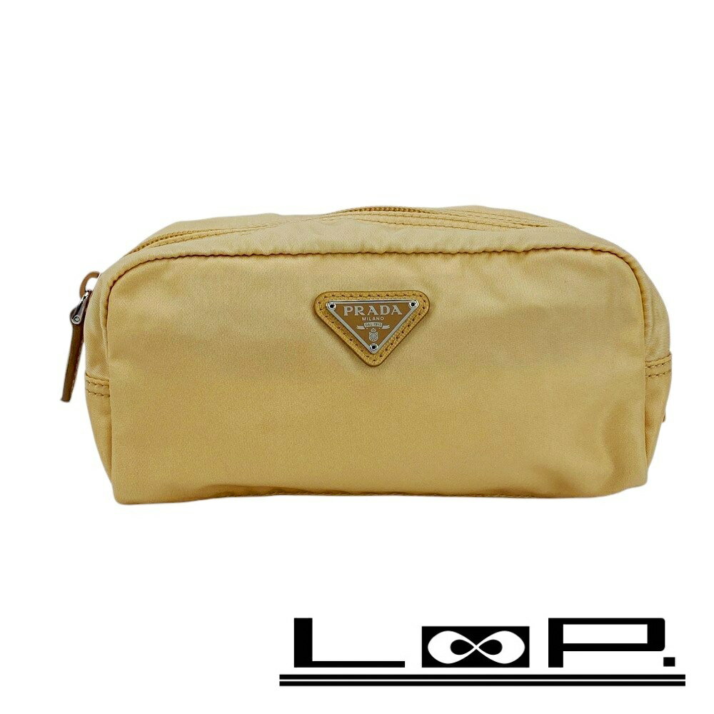■美品■　プラダ トライアングルロゴ ポーチ 小物入れ 化粧 メイク テスート ナイロン ベージュ 【37479..