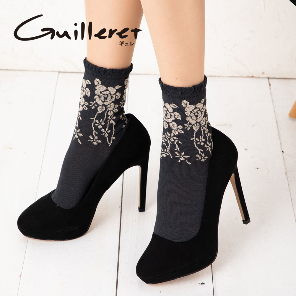 【Guilleret】 花柄 クルーソックス (PG003)(22-25cm)(全4色)(表糸綿100%・口ゴムゆったり) 靴下 レディース ギュレ king-pg003