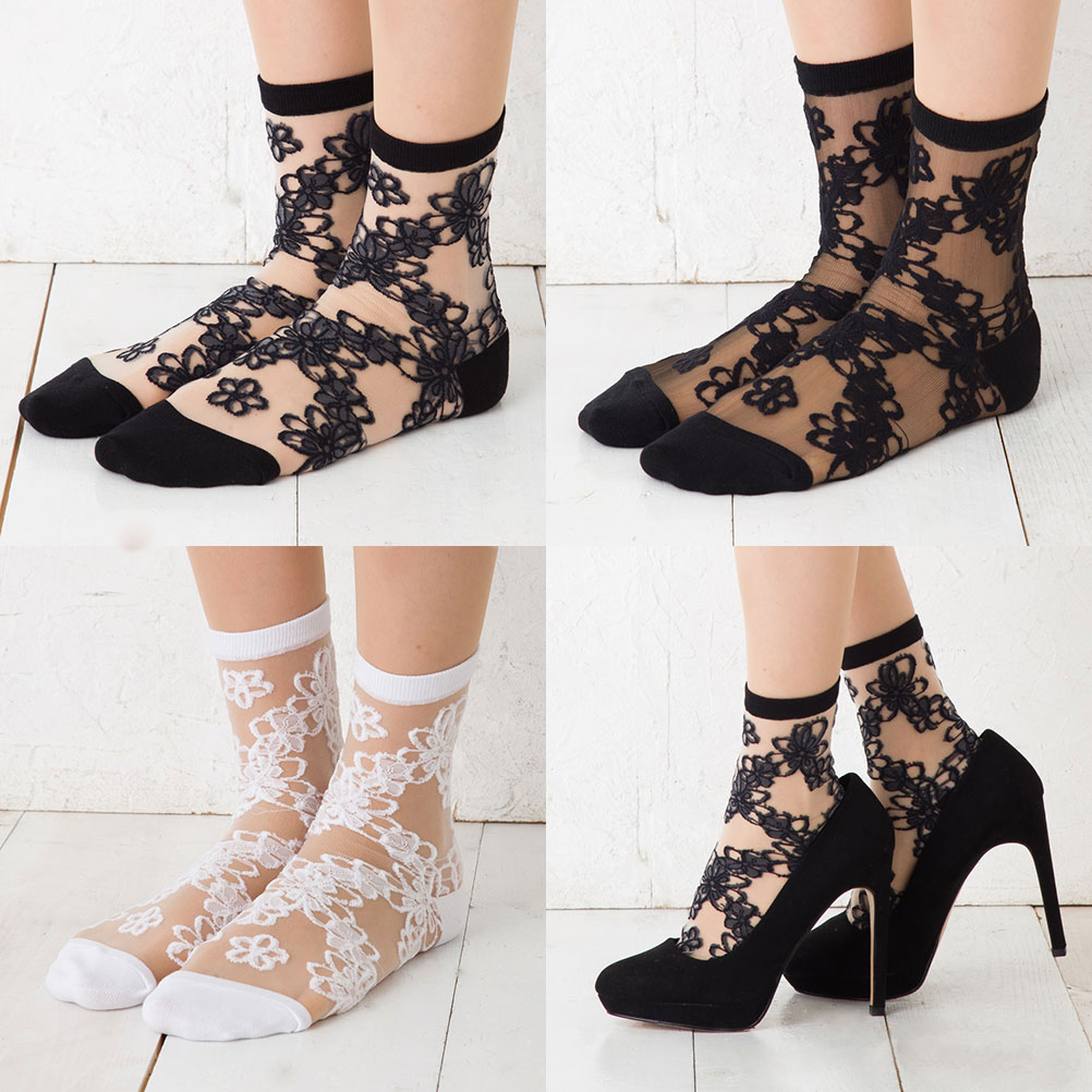 総花柄 シースルー クルーソックス (23-25cm)(全3色)(日本製) 靴下 レディース kw-0586 D1PK