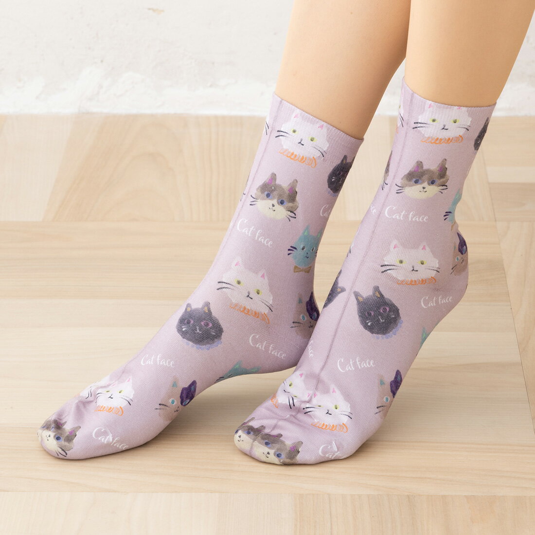 楽天靴下専門店 LOPSプリントソックス カラフルネコフェイス柄 クルー丈 23-25cm レディース 靴下 STREAM as-9y71013