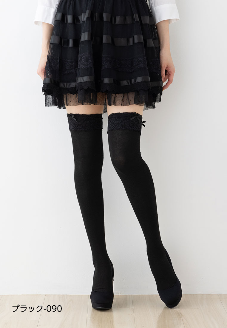 レース 2連リボン付き オーバーニーソックス 黒・白 23-25cm レディース 靴下 サイハイ スタジオ・ポアック tj-fo012