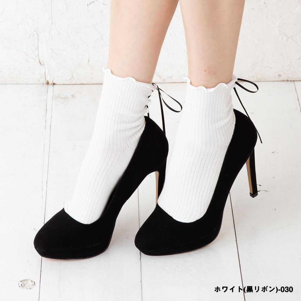 Point Me レースアップ リボン メローリブ クルーソックス (23-25cm) 全3色 靴下 ...