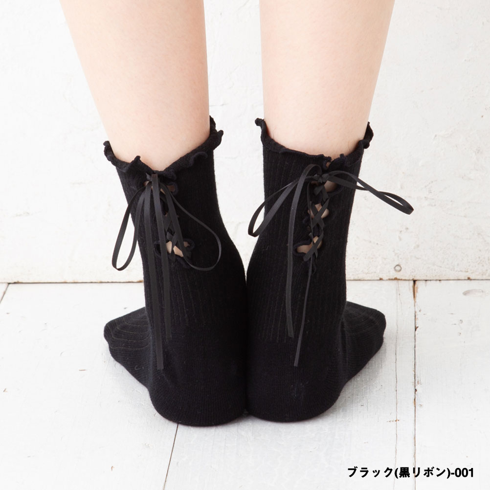 Point Me レースアップ リボン メローリブ クルーソックス (23-25cm) 全3色 靴下 ...