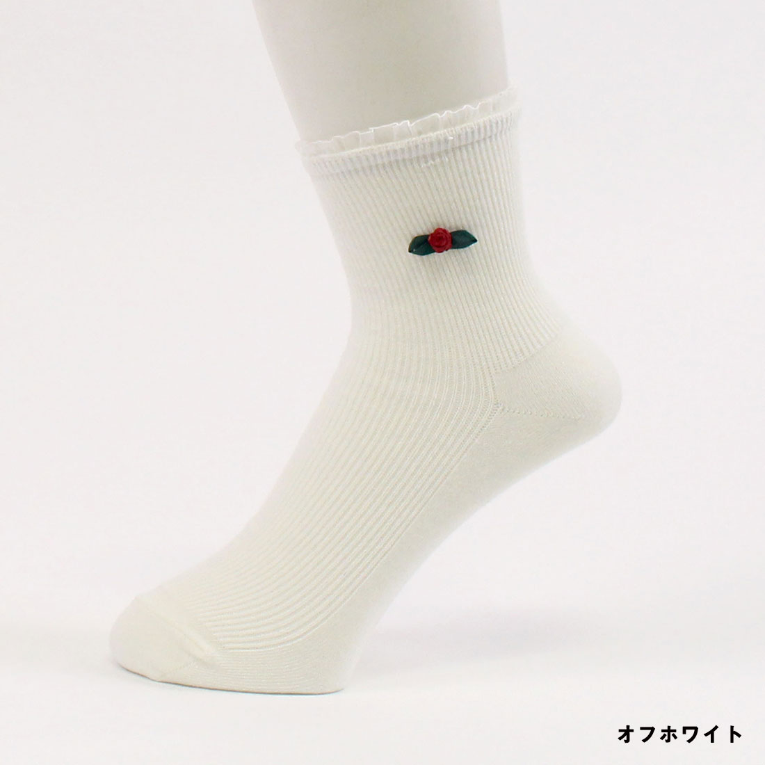 Cathy TOPフリル ローズ クルーソックス 23-25cm 黒 オフ白 レディース 靴下 sk-88...
