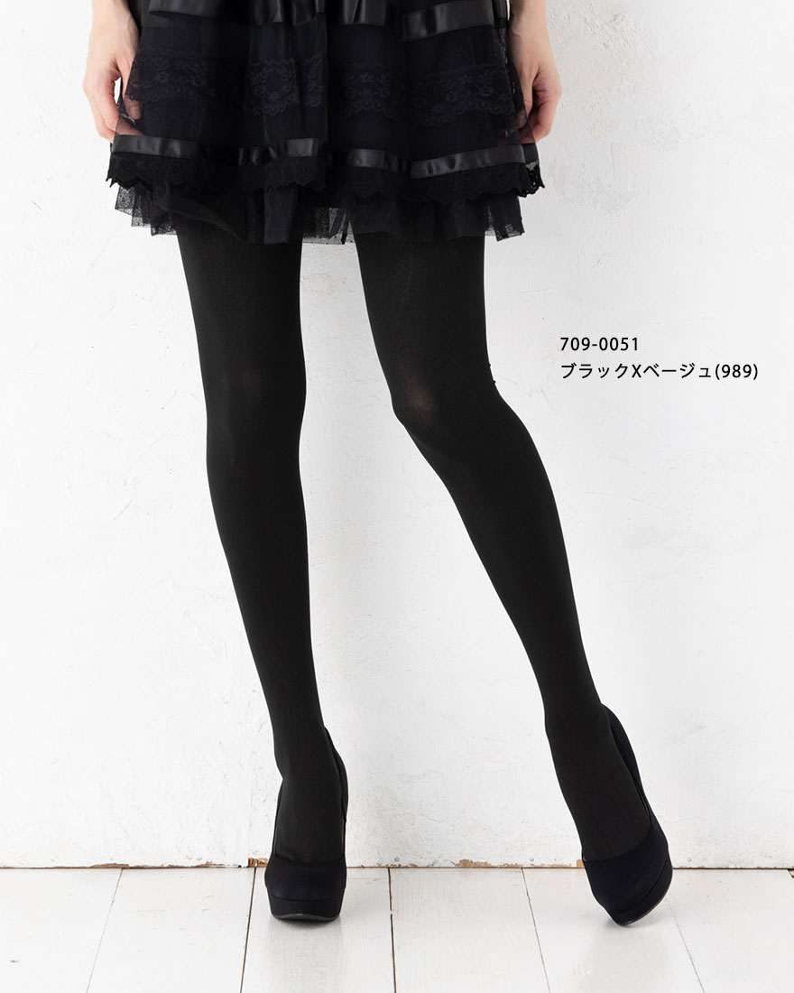 靴下専門店 LOPSのフランティカ フェイクカラータイツ 110デニール相当 M-L・L-LL ブラックXベージュ レディース 福助 fk-709-0051 D1PK｜アングル2