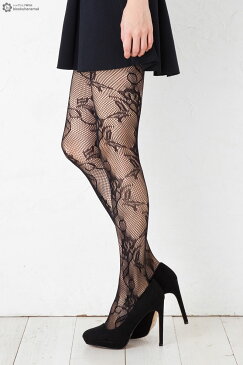 蔦花柄ラッセルタイツ ブラック M-L 網タイツ 柄ストッキング レディース net tights stockings ladies