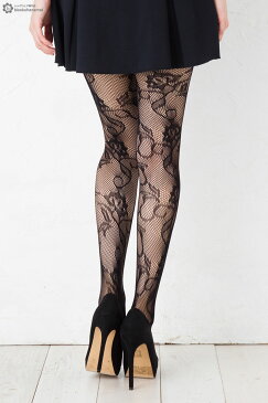 蔦花柄ラッセルタイツ ブラック M-L 網タイツ 柄ストッキング レディース net tights stockings ladies