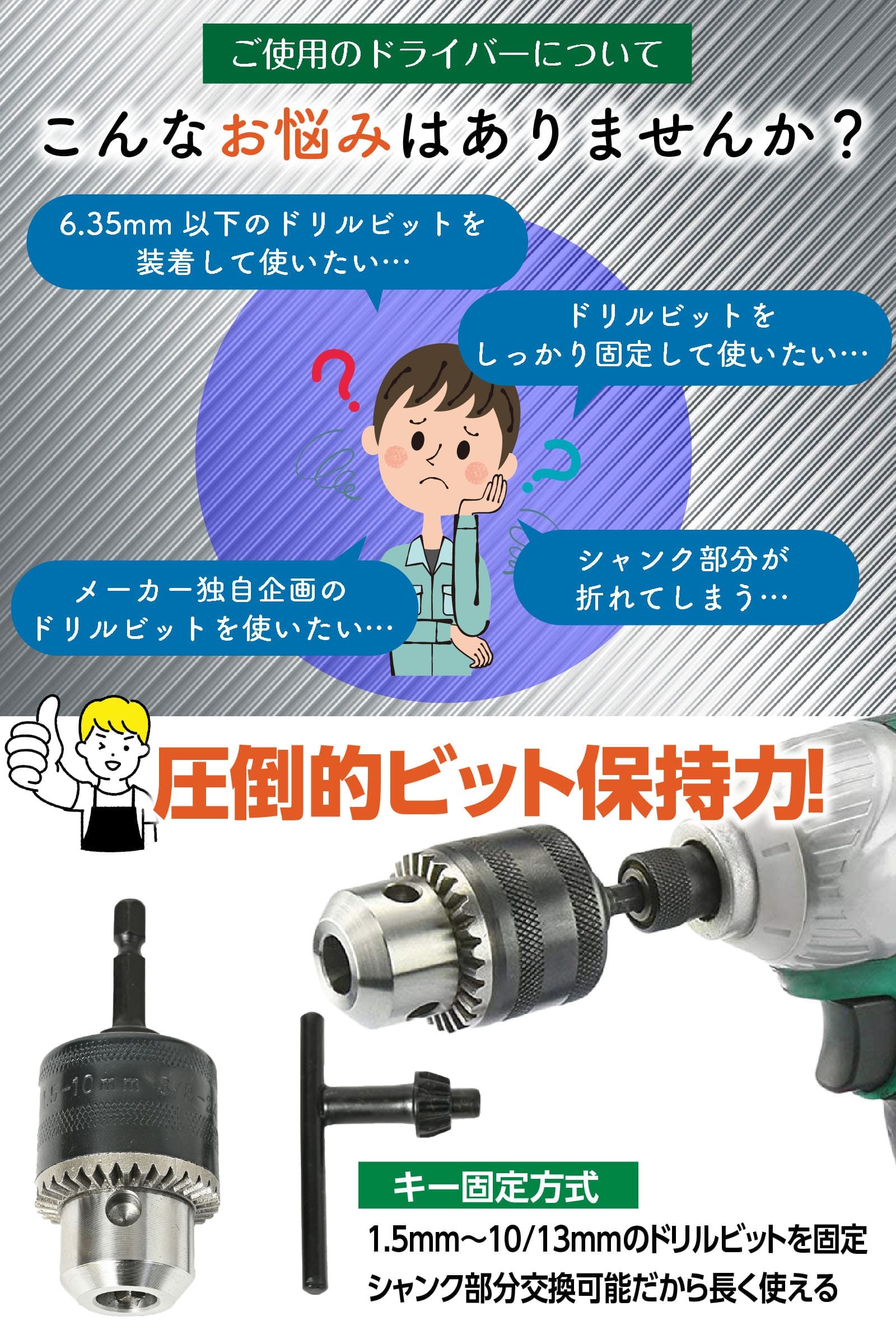 【クーポンで最大2000円OFF】 六角軸ドリルチャック 1.5-13mm キードリルチャック ...