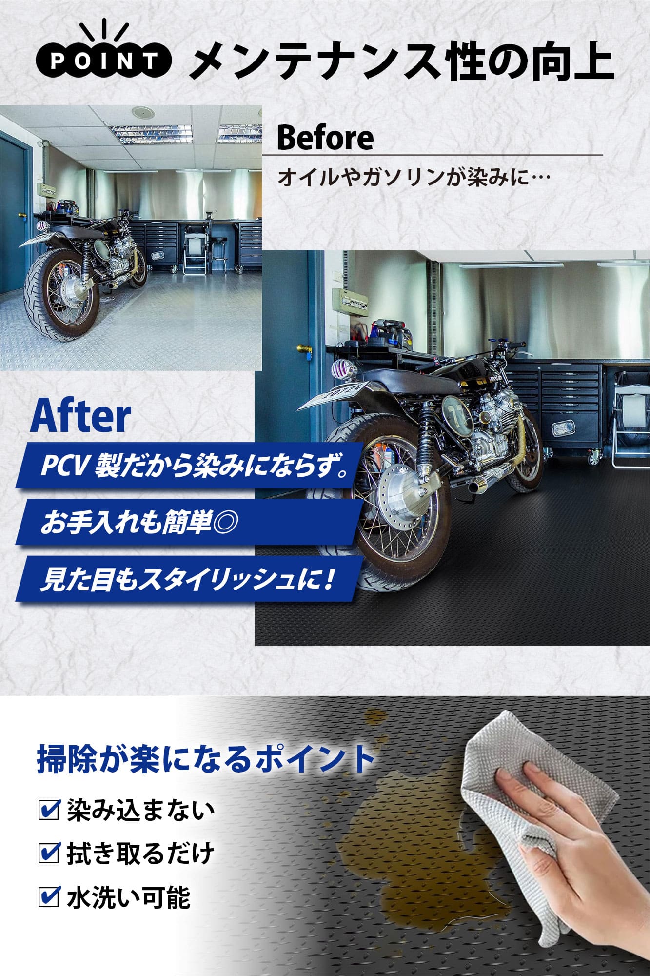 【クーポンで最大2000円OFF】 ガレージマット ゴムマット 幅1m 長さ5m 厚み3mm 屋外 バイク 滑り止め構造 駐車場 トラックゴムシート フロアマット 光沢/ エンボス加工 [2]