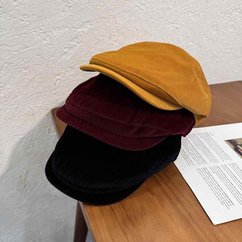 ハンチング レディース メンズ 秋冬 レトロ コーデュロイ 無地 小顔効果 ベレー帽 ブラック コーヒー色 ワインレッド イエロー