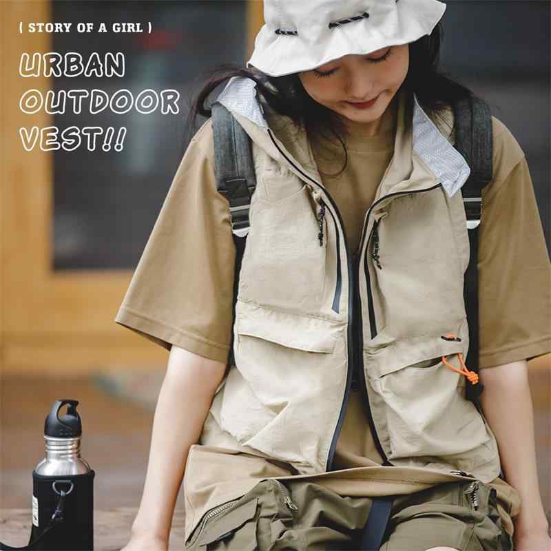 ベスト レディース 山ガール アウトドア 接触冷感 撥水 速乾 キャンプ 登山 パーカー フード付き ゆったり カジュアル 作業着 ショート丈 カーキ