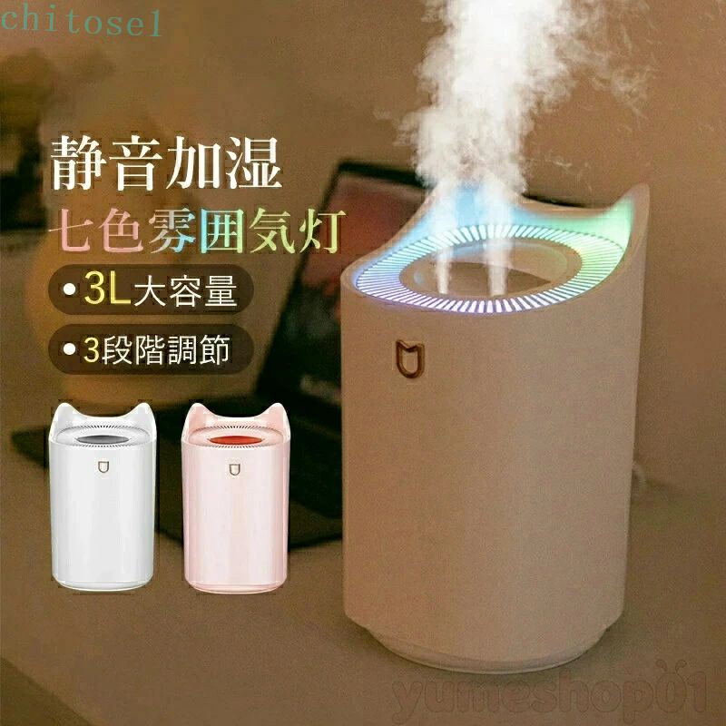加湿器 超音波式 小型 卓上 スチーム式 おしゃれ LEDライト付き USB給電 卓上加湿器 北欧 3L 大容量 2つ吹出口 白 chitose1 ピンク アロマ対応 スチーム加湿器 オフィス