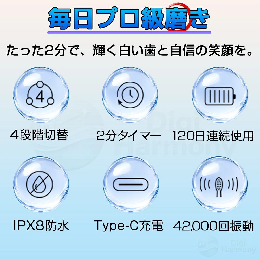 商品盛りだくさん楽天市場店の【＼今だけポイント10倍！／レビュー投稿で替えブラシ2本プレゼント】電動歯ブラシ 音波歯ブラシ 歯ブラシ 歯垢除去 高速振動 42 000回/分 120日間使用 強力洗浄 USB充電式 替えブラシ IPX7防水 2分間タイマー メモリー機能 歯磨き 旅行 出張 静音 母の日 小型 携帯用 2026｜アングル2