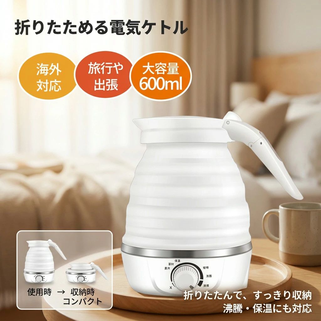 【海外不可・日本のみ使用・持ち運び便利】折りたたみ電気ケトル 0.6L シリコン素...