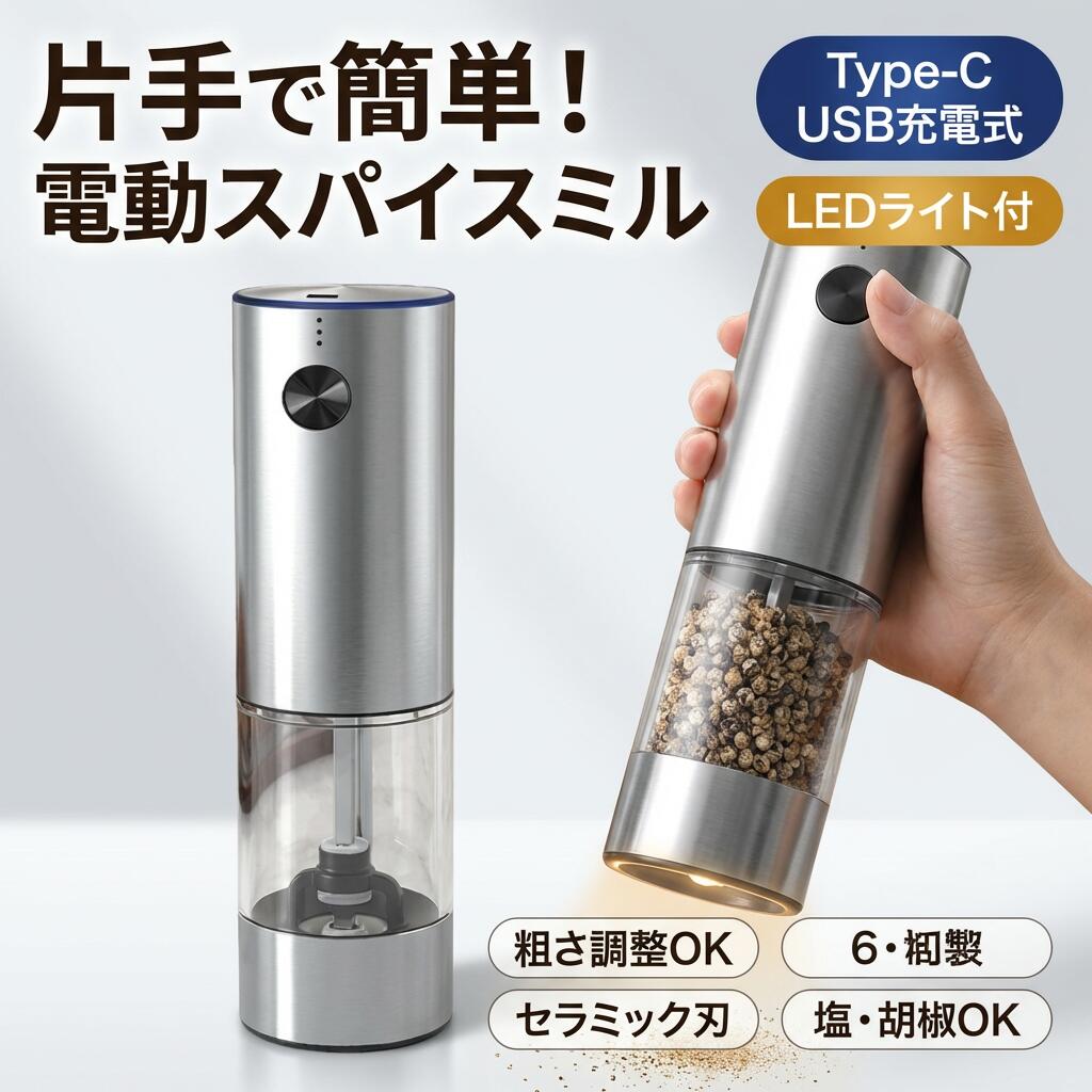 【片手で簡単】電動スパイスミル TYPE-C USB充電式 LEDライト付 粗さ調整 セラミック ステンレス スパイスミル ソルトミル ペッパーミル 胡椒ひき キャンプ ギフト ポイント消化 プレゼント 人気 おすすめ 新生活 母の日 父の日 誕生日